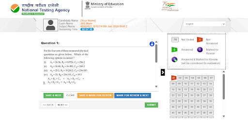 JEE Main Mock test Screen